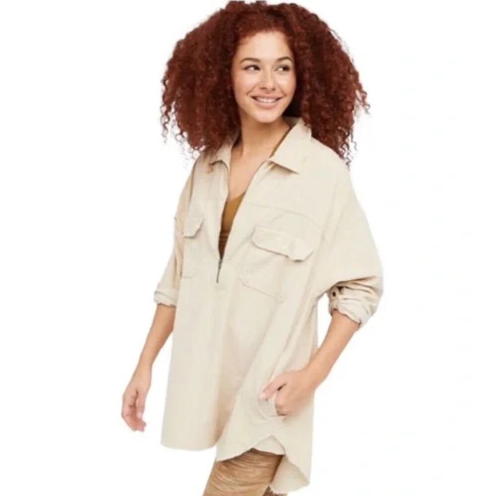 Aerie Offline Corduroy Quarter Zip Pullover Shacket M Pockets Frayed Hem Top